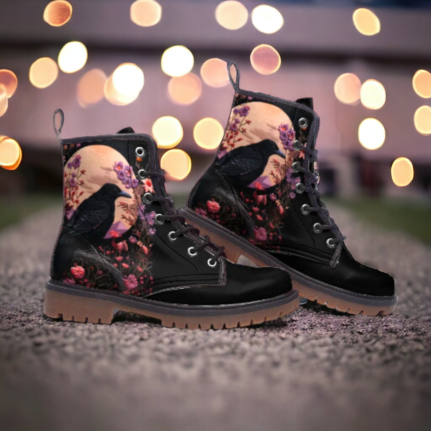 Faux-Embroidered Crow & Flowers Vegan Boots
