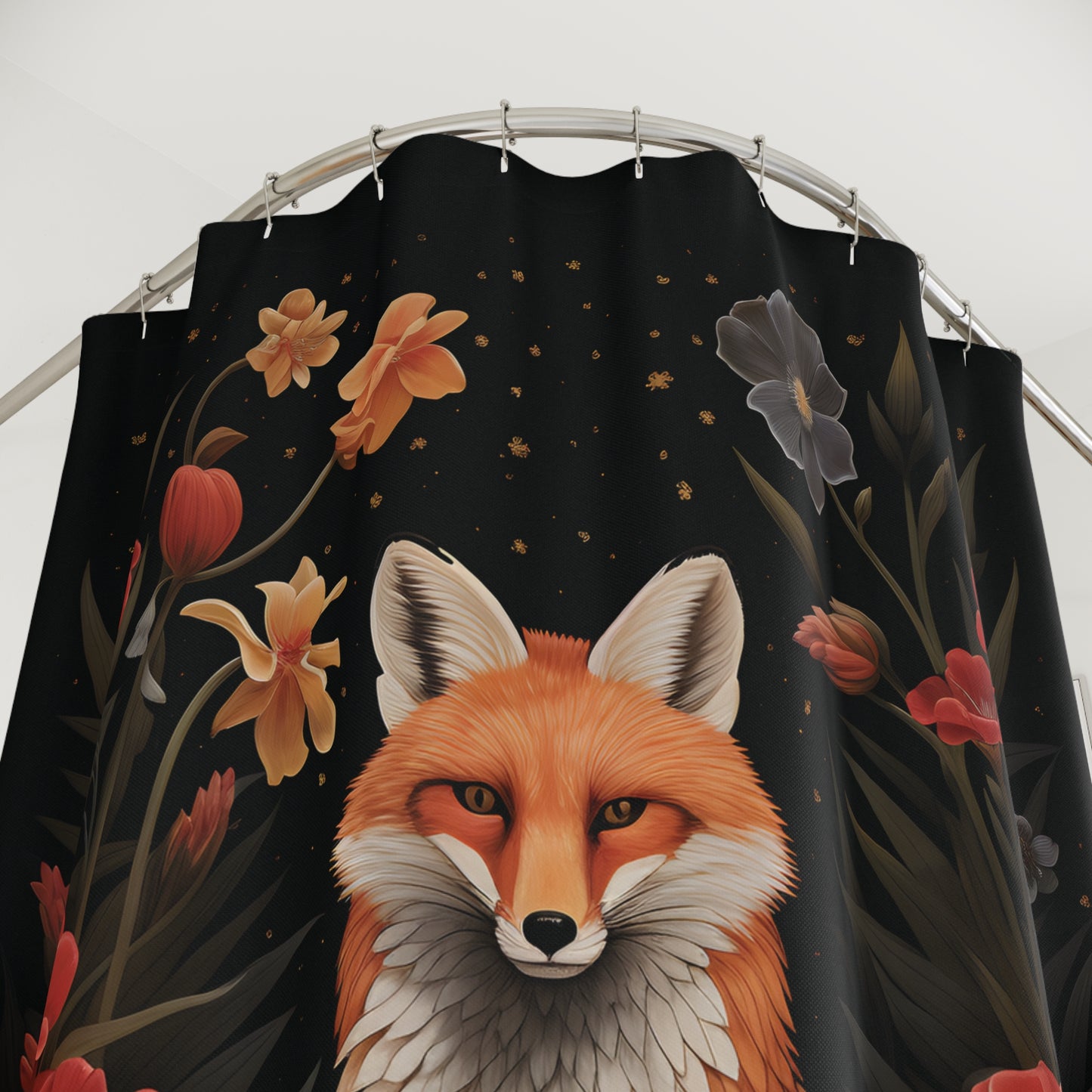 Dark Cottagecore Woodland Fox and Flowers Bath Shower Curtain