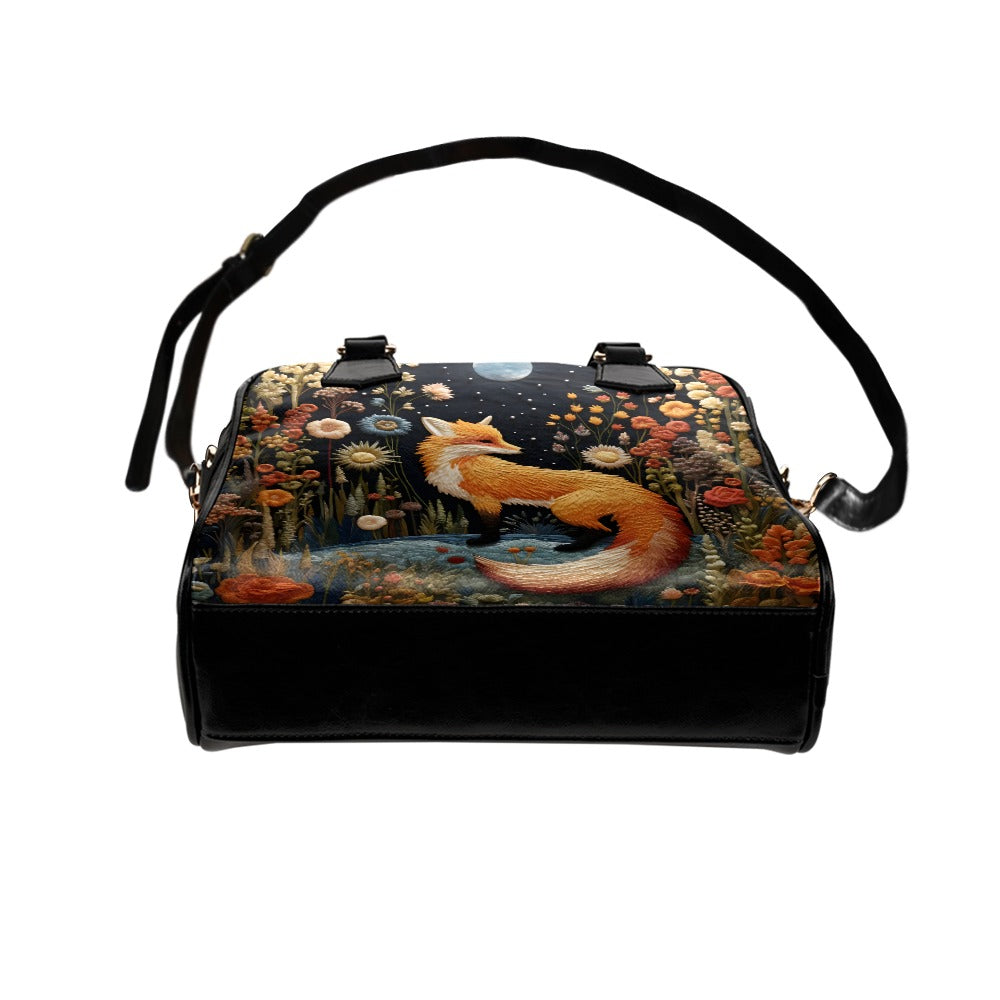 Faux-Embroidered Fox Vegan Leather Bowler Purse