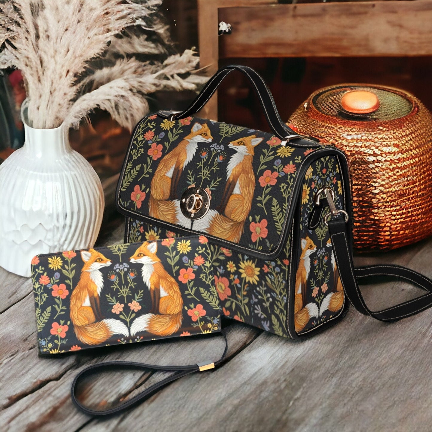 Faux-Embroidered Twin Foxes Flowers Handbag & Clutch Wallet Set