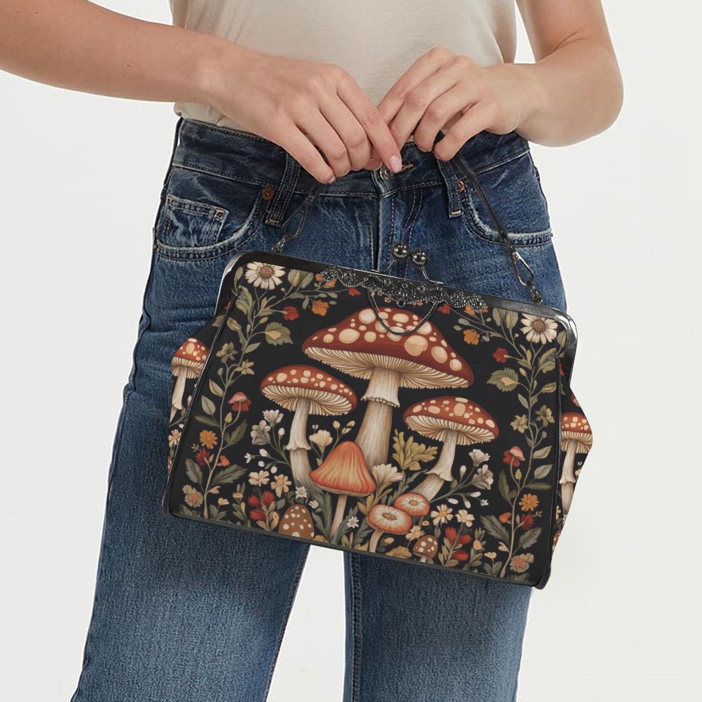 Dark Cottagecore Mushrooms Kisslock Bag