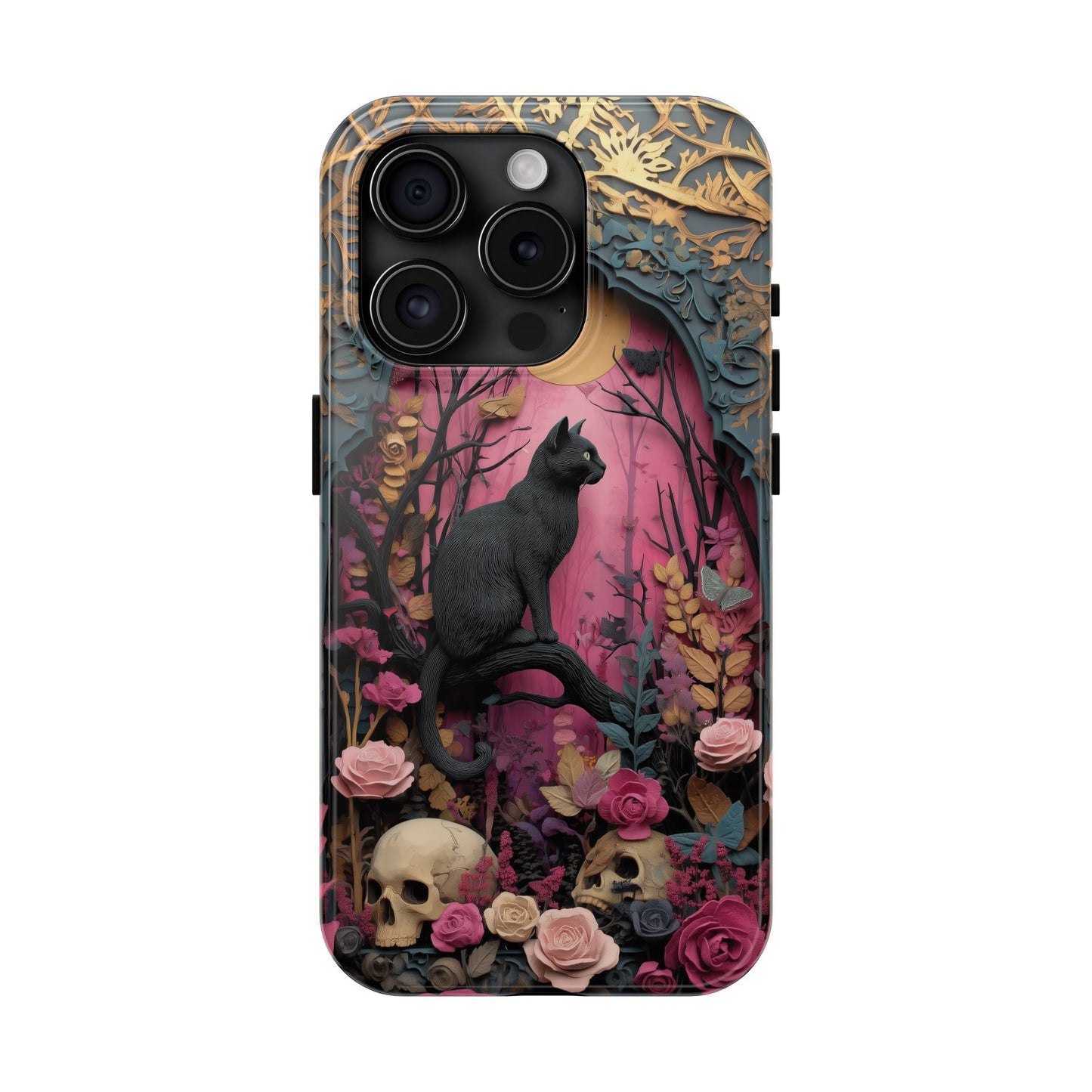 Gothic Cat & Floral Skulls Phone Case