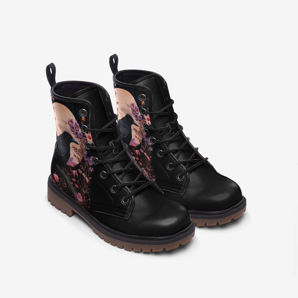 Faux-Embroidered Crow & Flowers Vegan Boots