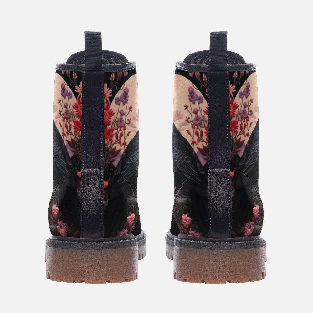 Faux-Embroidered Crow & Flowers Vegan Boots