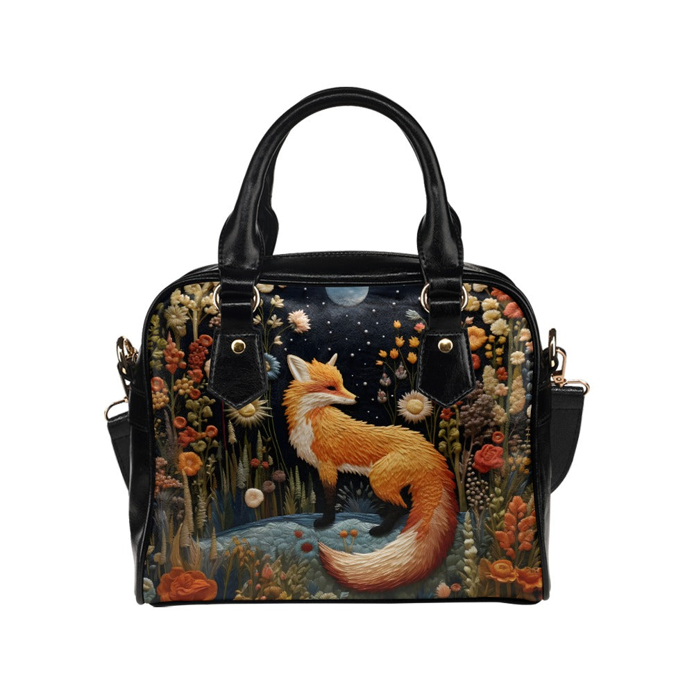 Faux-Embroidered Fox Vegan Leather Bowler Purse