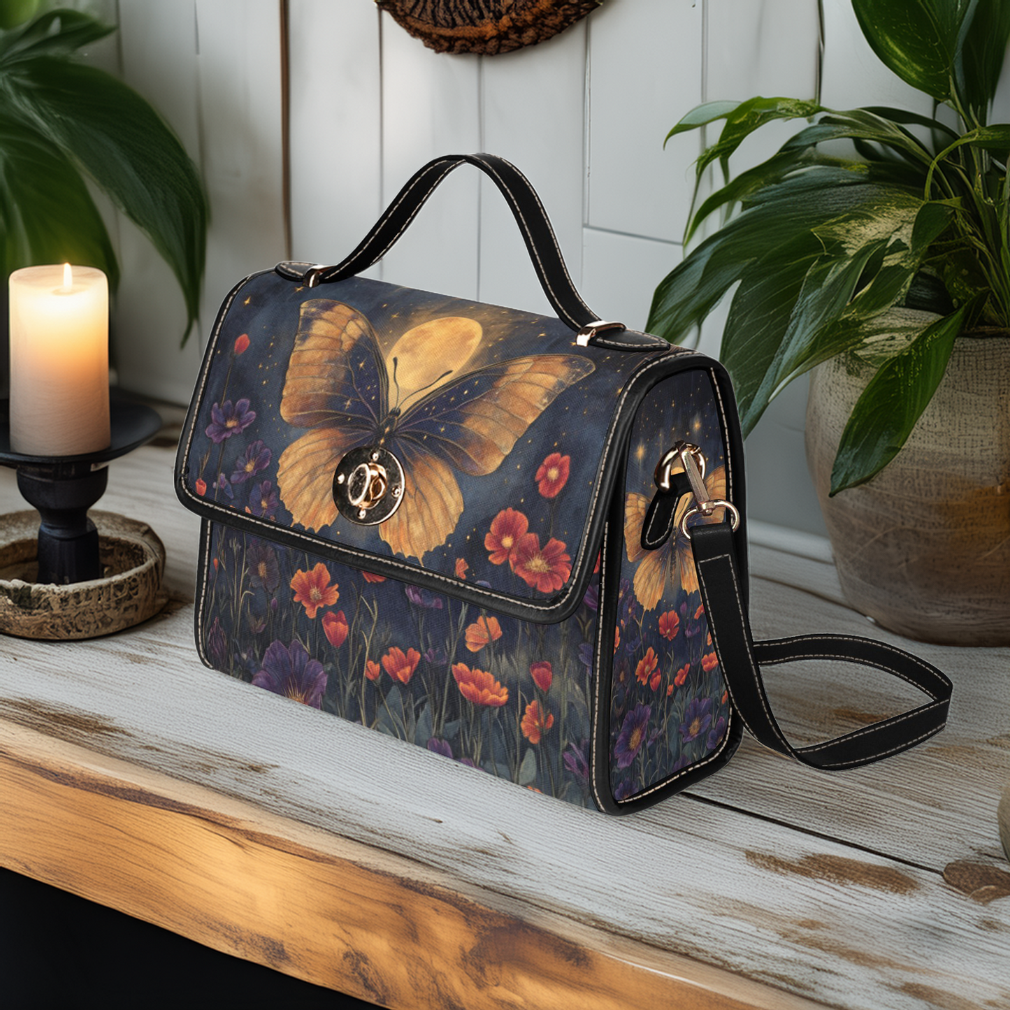 Dark Celestial Witchy Butterfly Moon Flowers Satchel