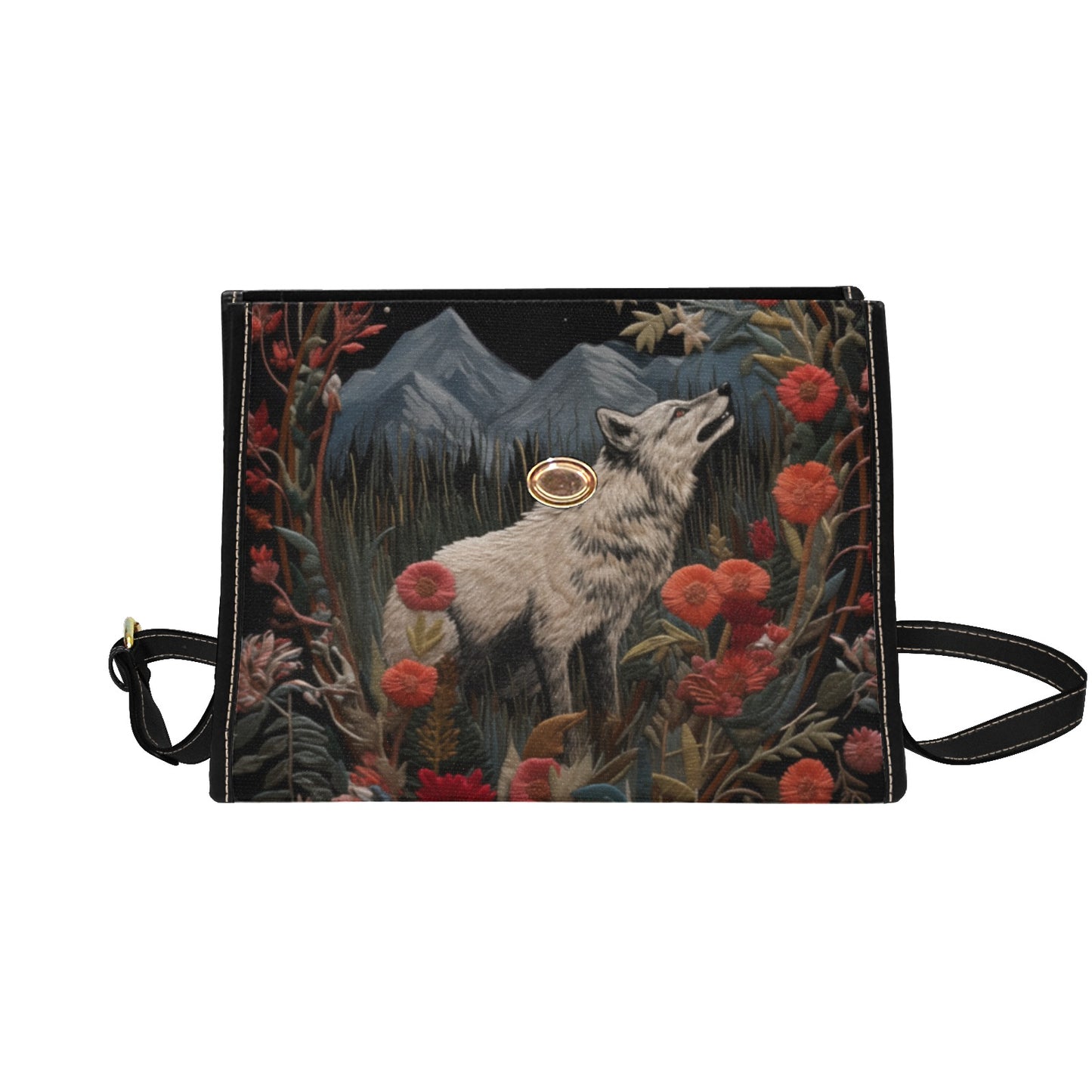 Faux-Embroidered Wolf and Flowers Satchel Bag
