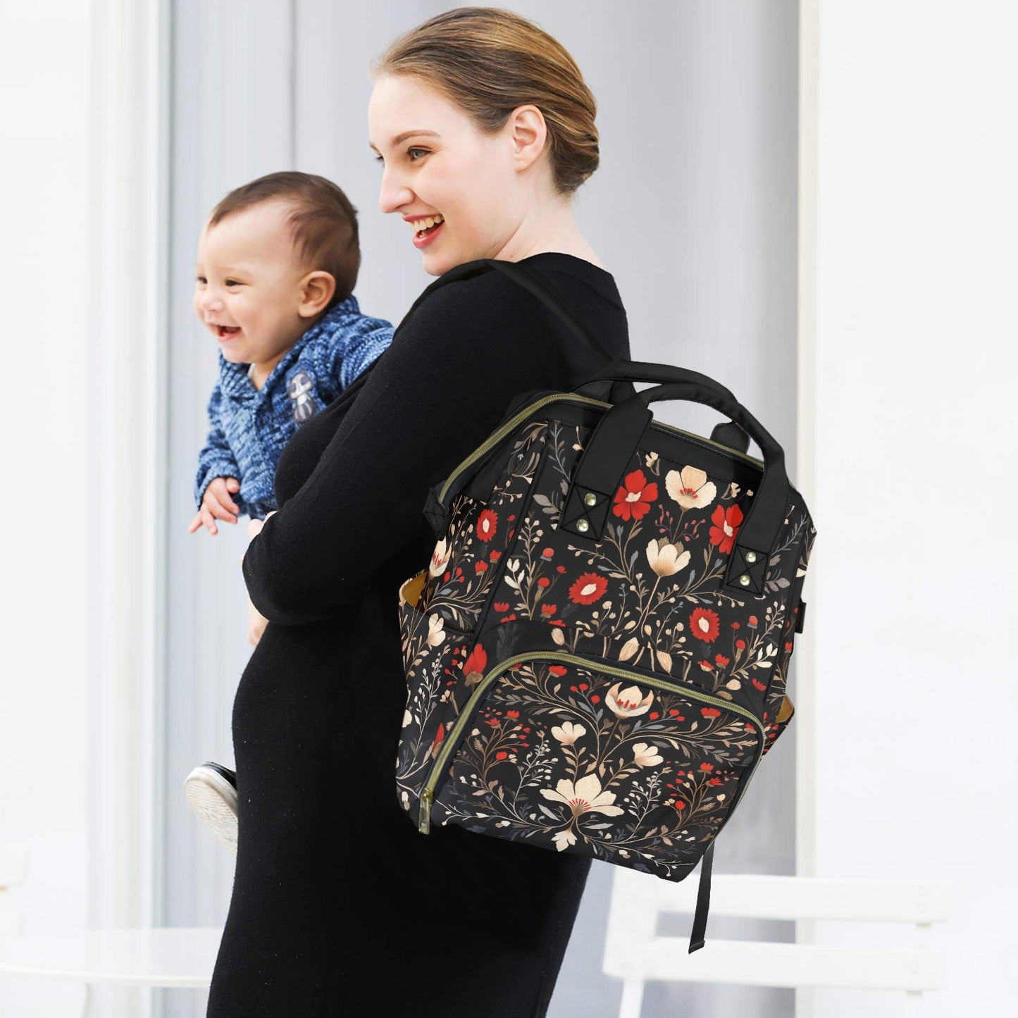 Dark Cottagecore Boho Folk Art Flowers Multifunctional Diaper Backpack