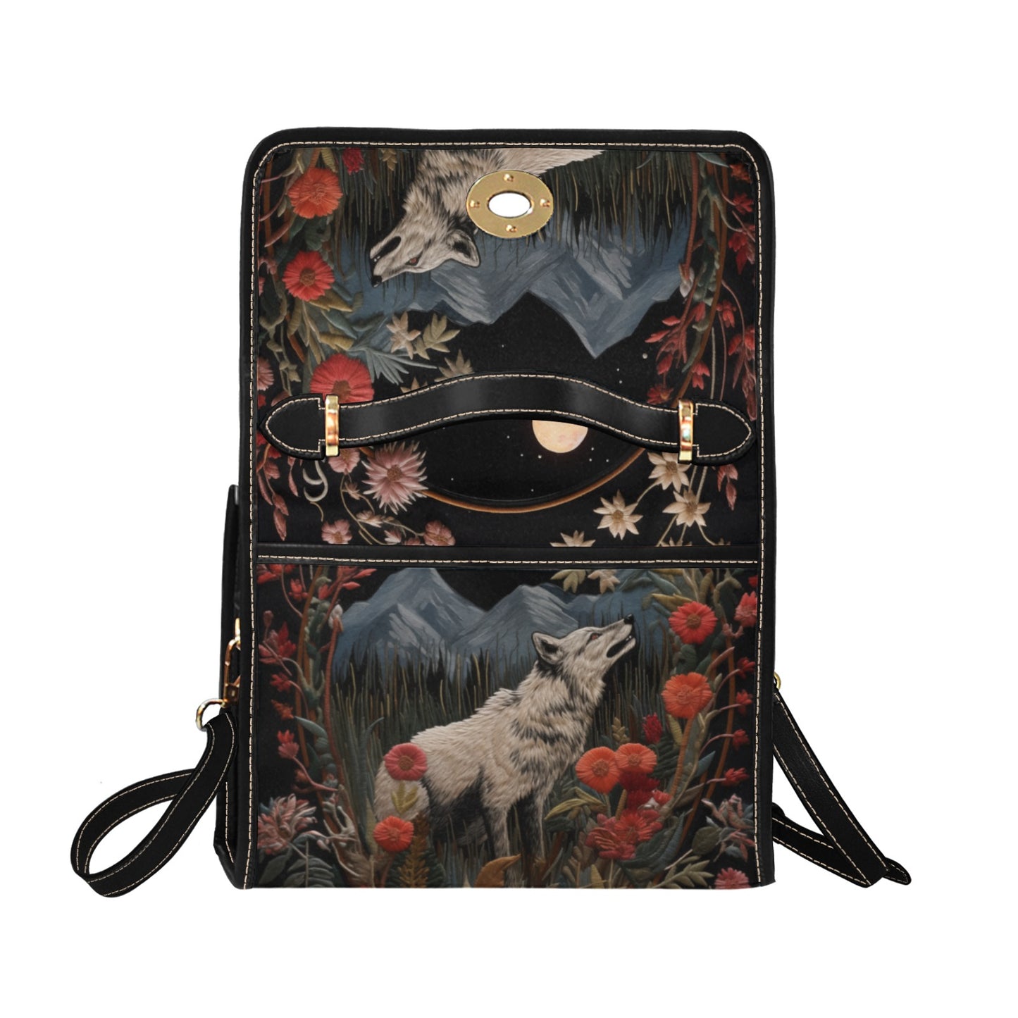 Faux-Embroidered Wolf and Flowers Satchel Bag