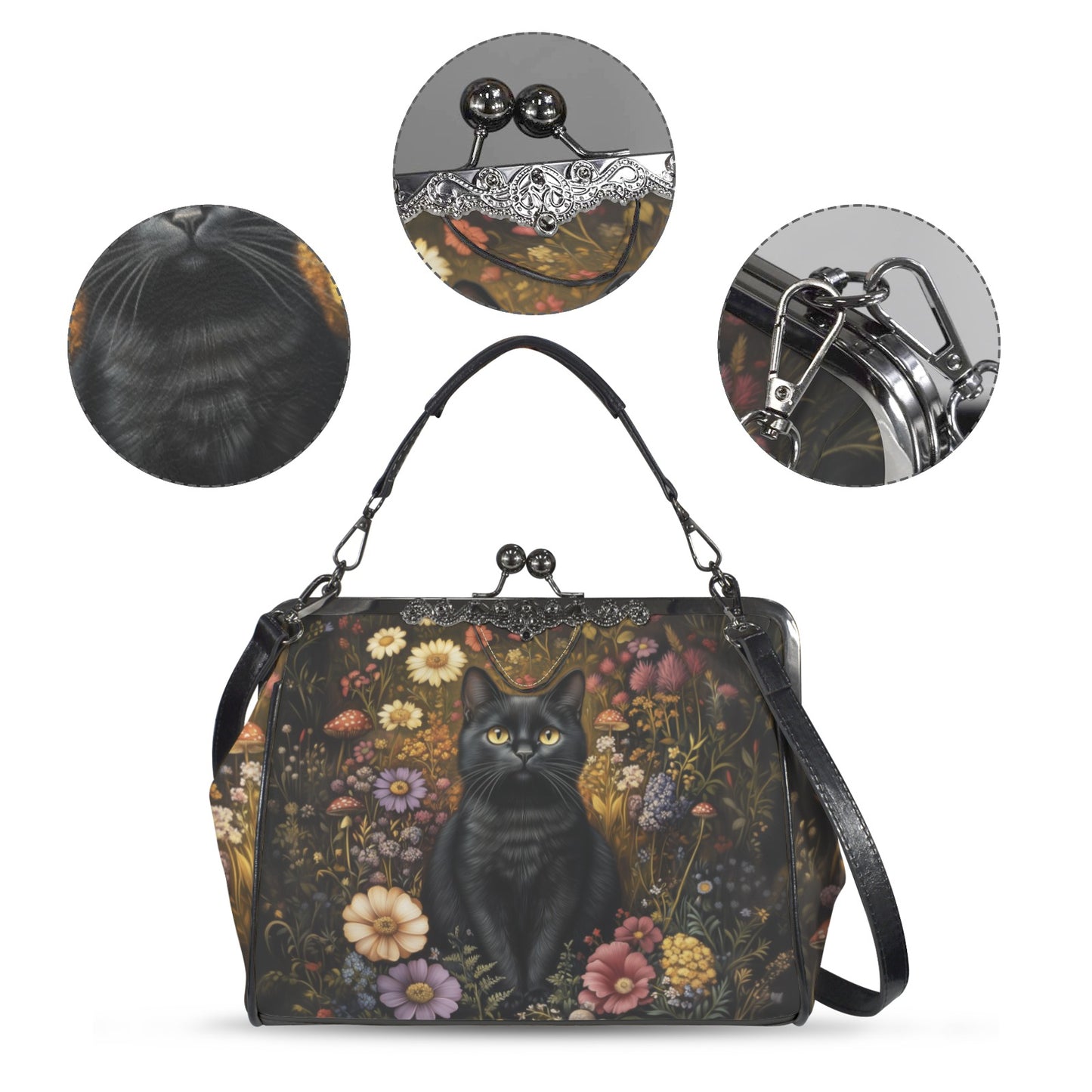 Black Cat & Flower Garden Kisslock Handbag