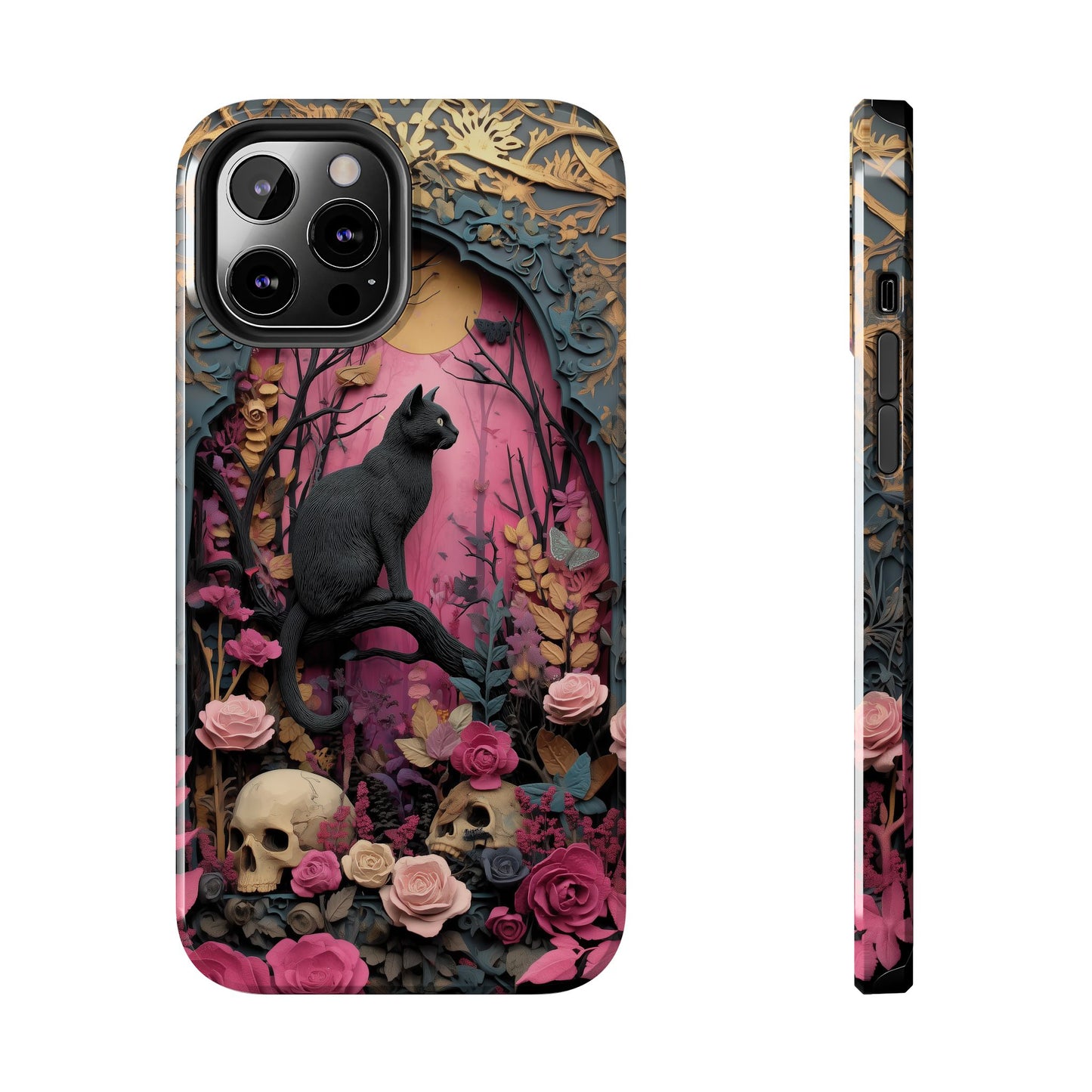 Gothic Cat & Floral Skulls Phone Case