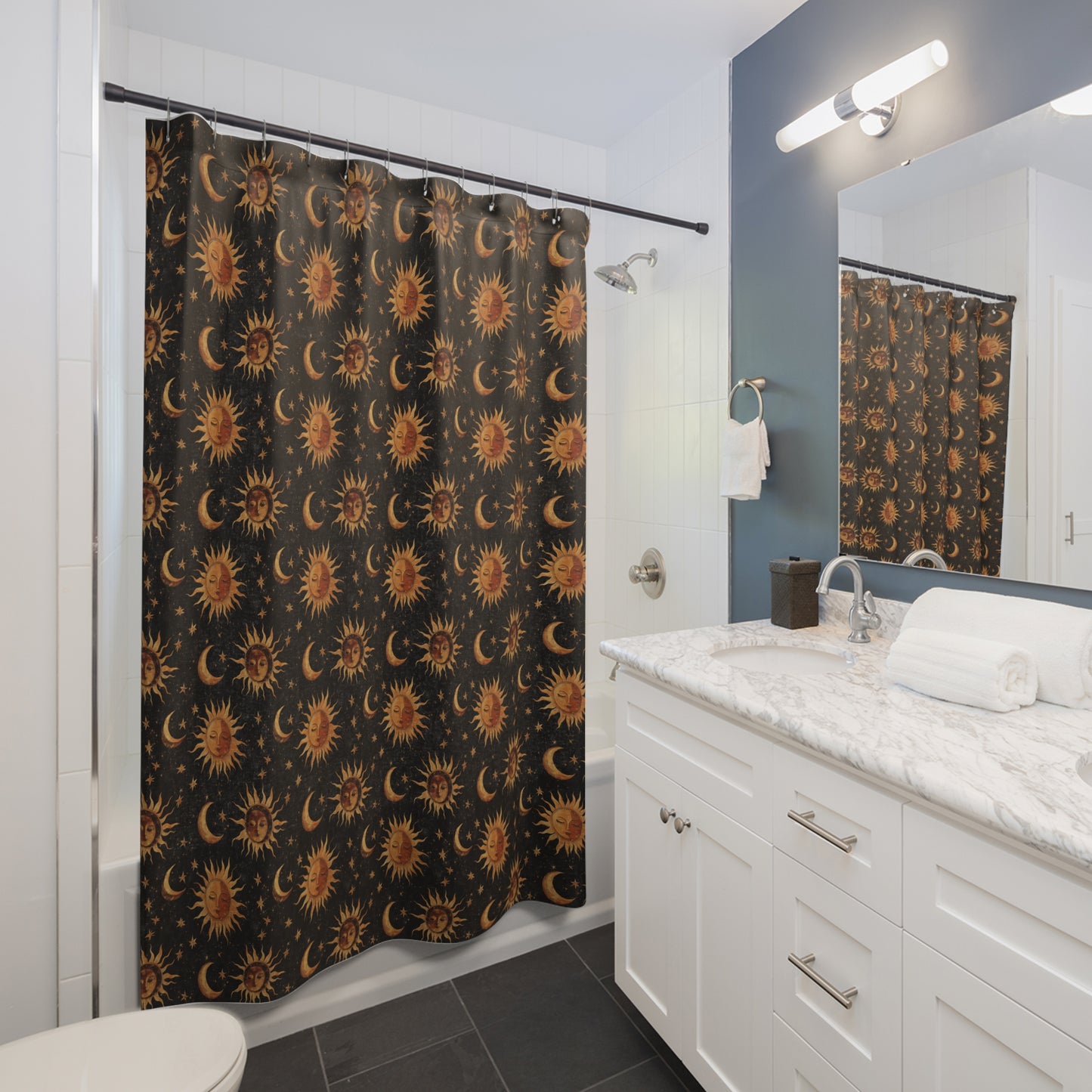 Boho Whimsigoth Medieval Suns Moons Shower Curtain & Bath Mat Set