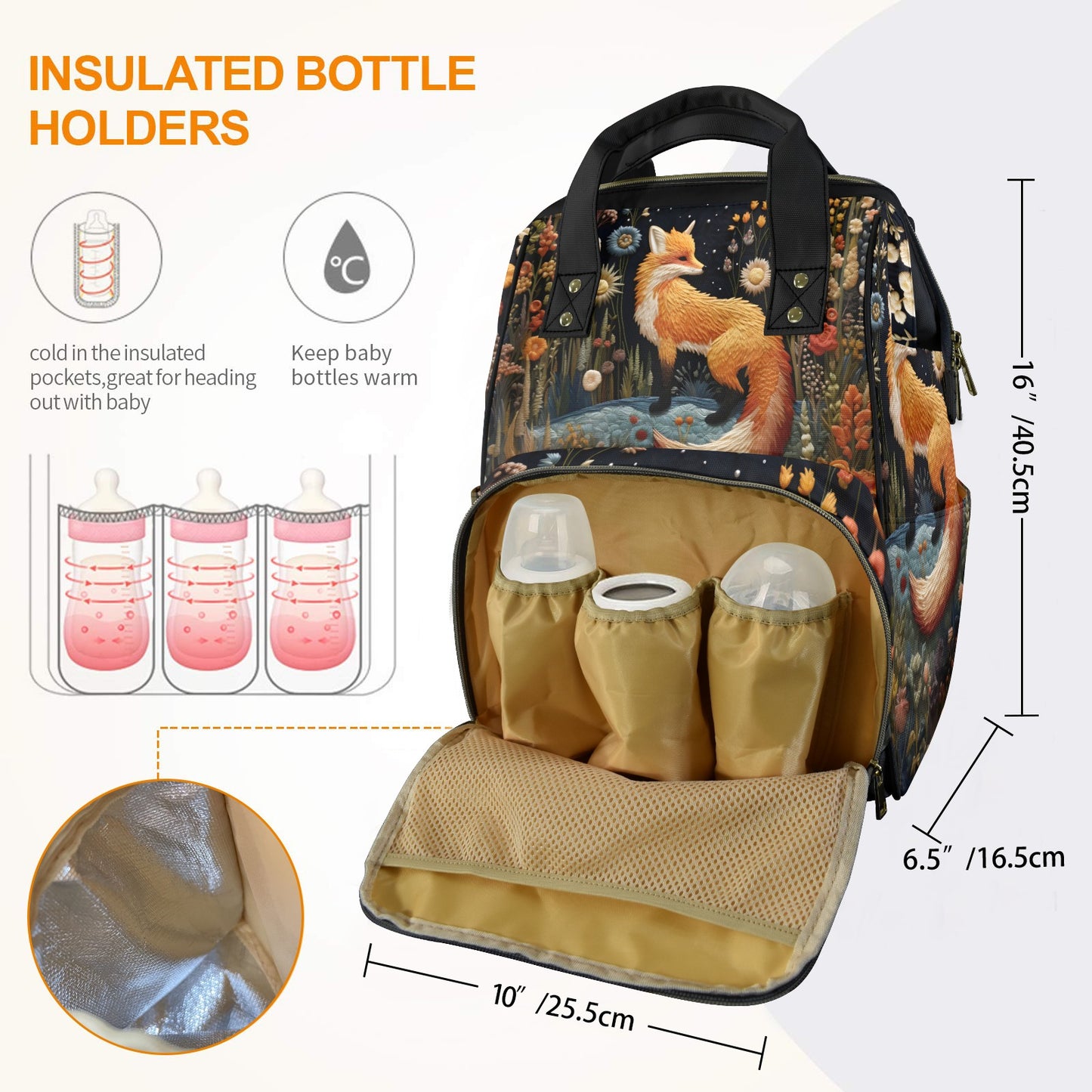 Faux-Embroidery Fox Diaper Backpack