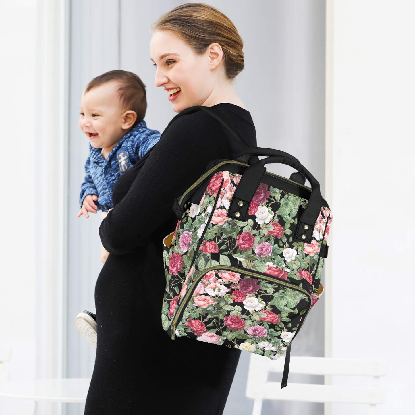 Cottagecore Pink Vintage Roses Diaper Bag Backpack