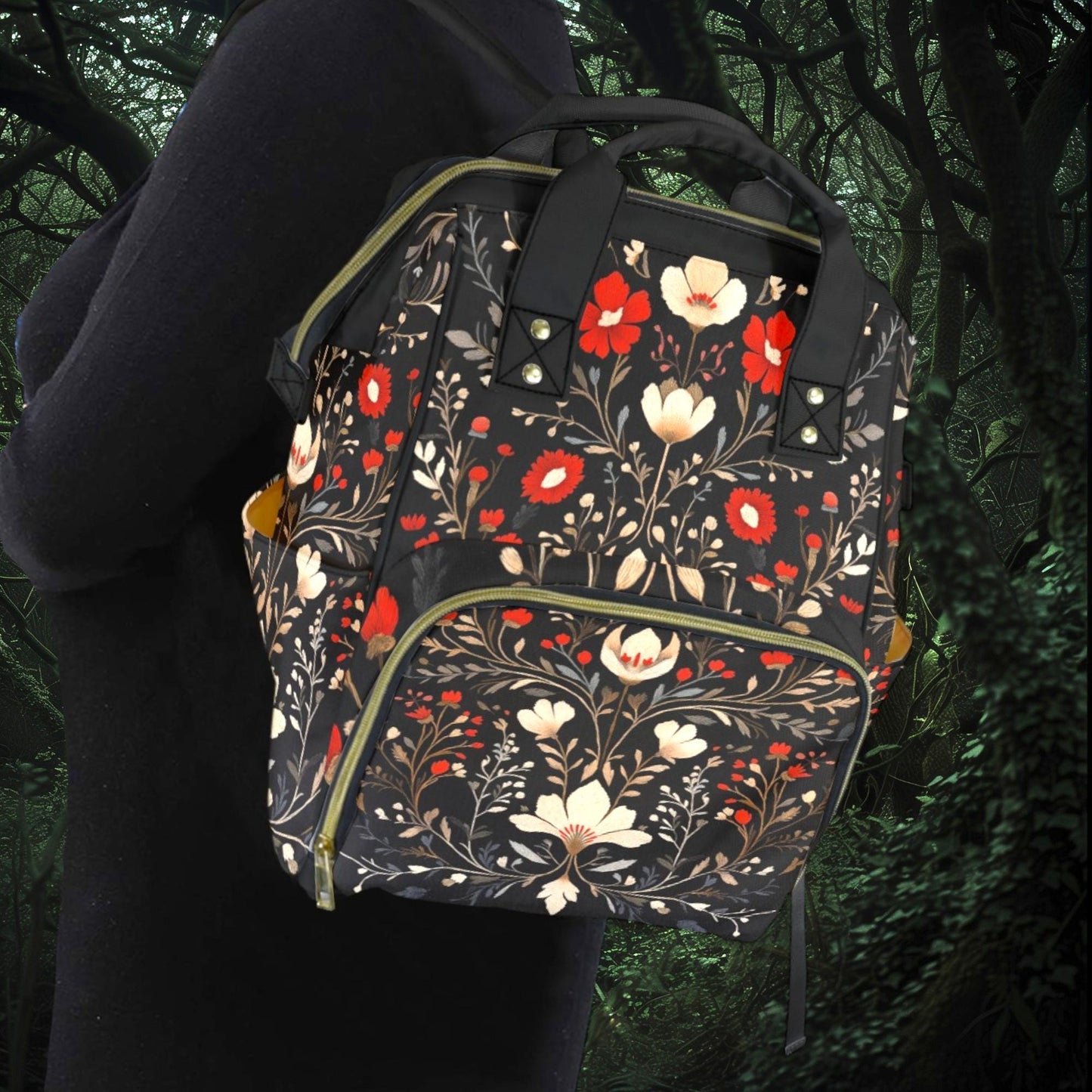 Dark Cottagecore Boho Folk Art Flowers Multifunctional Diaper Backpack