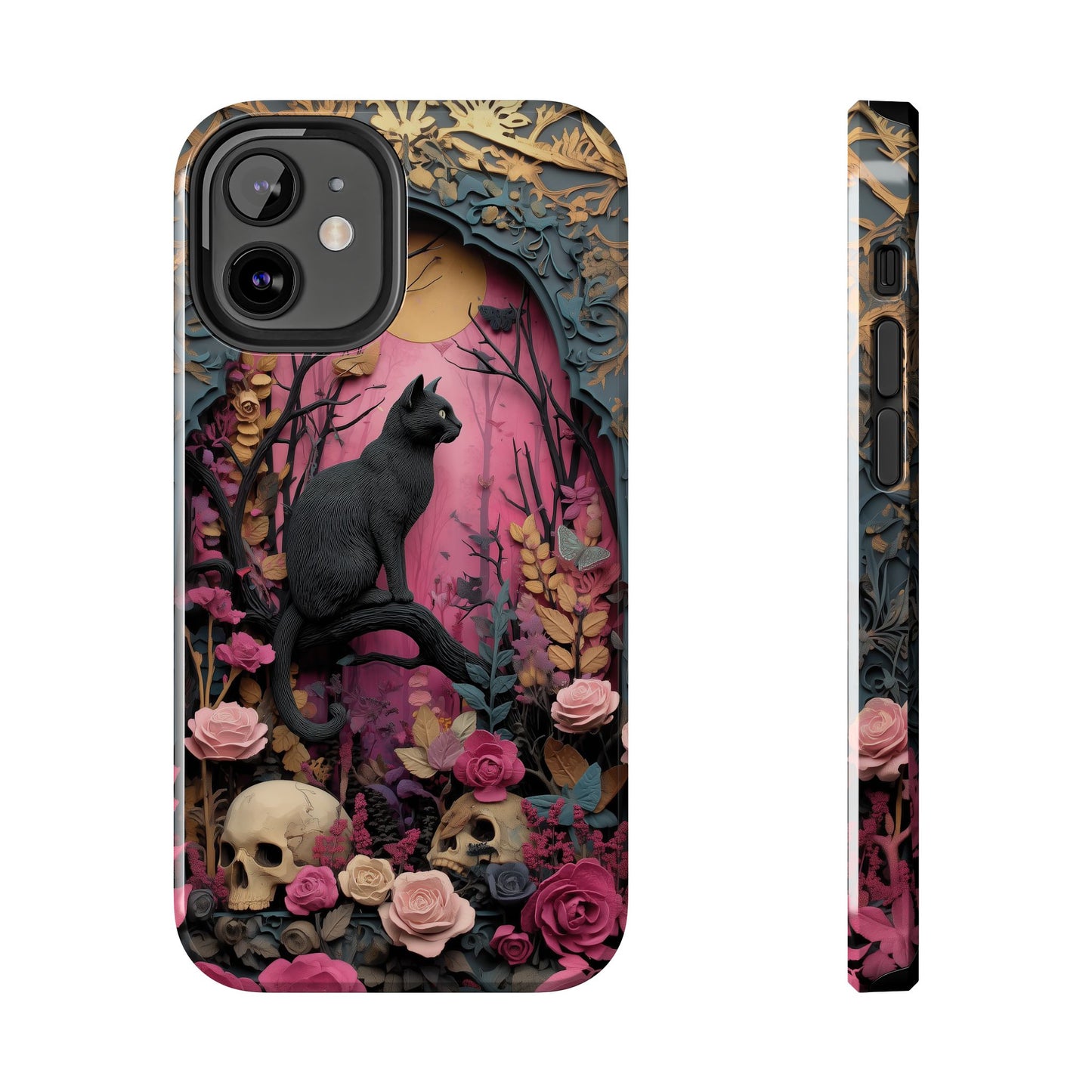 Gothic Cat & Floral Skulls Phone Case