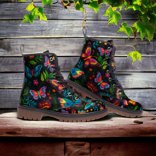 Dark Faux-Embroidered Butterflies Boots