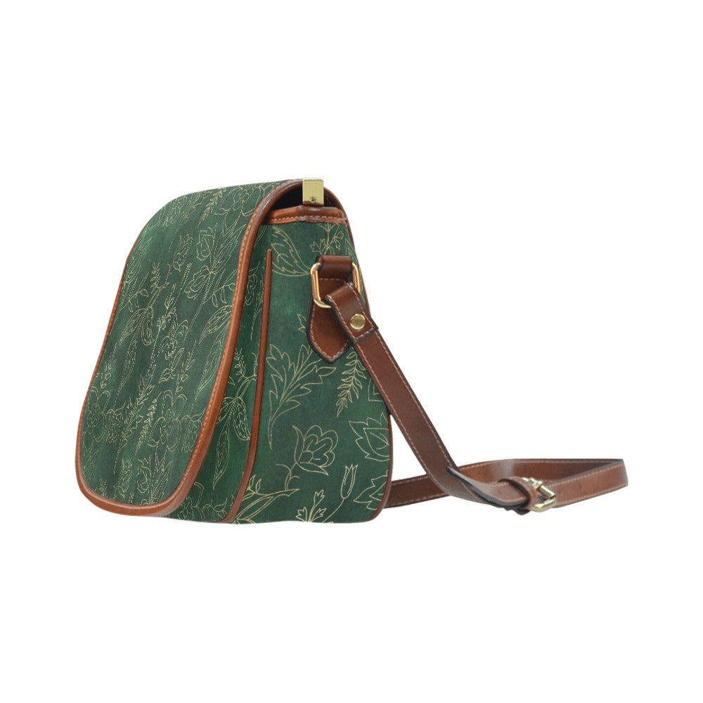 Green Gold Floral Saddle Bag Purse