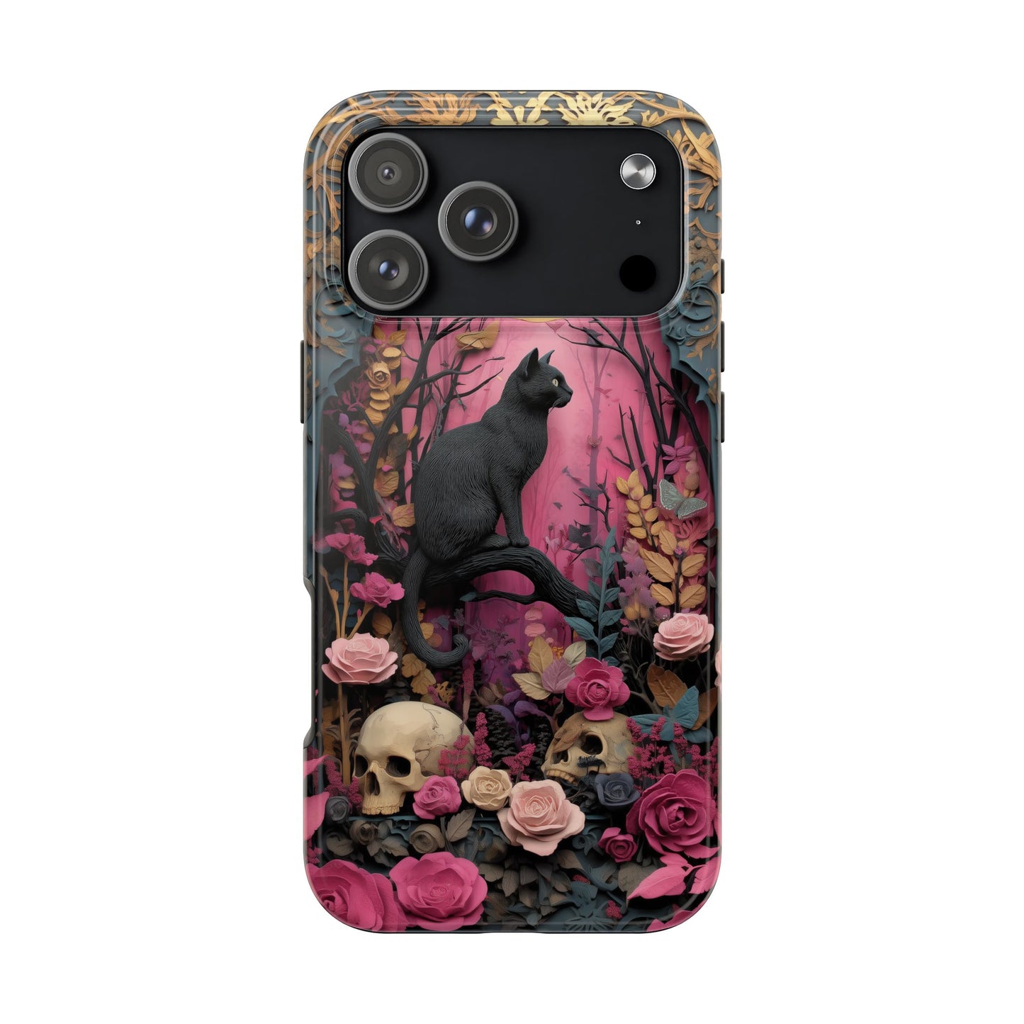 Gothic Cat & Floral Skulls Phone Case