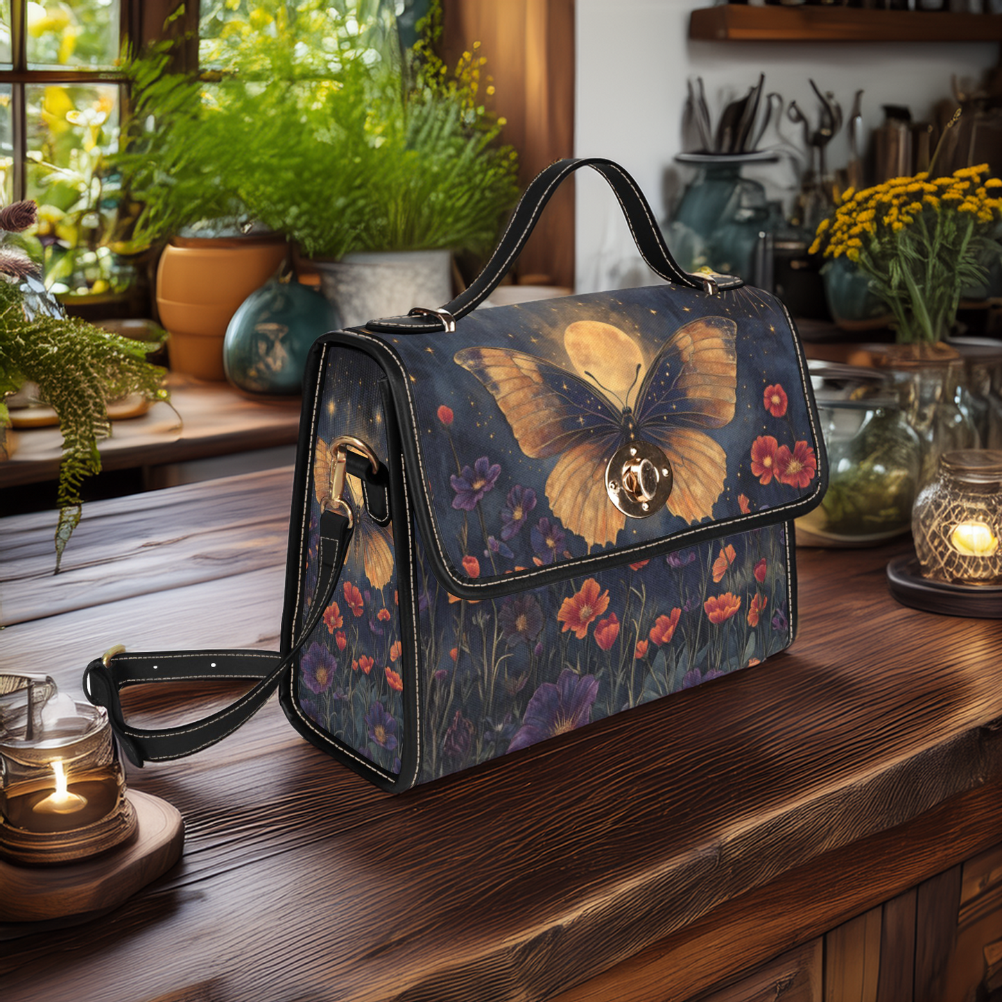 Dark Celestial Witchy Butterfly Moon Flowers Satchel