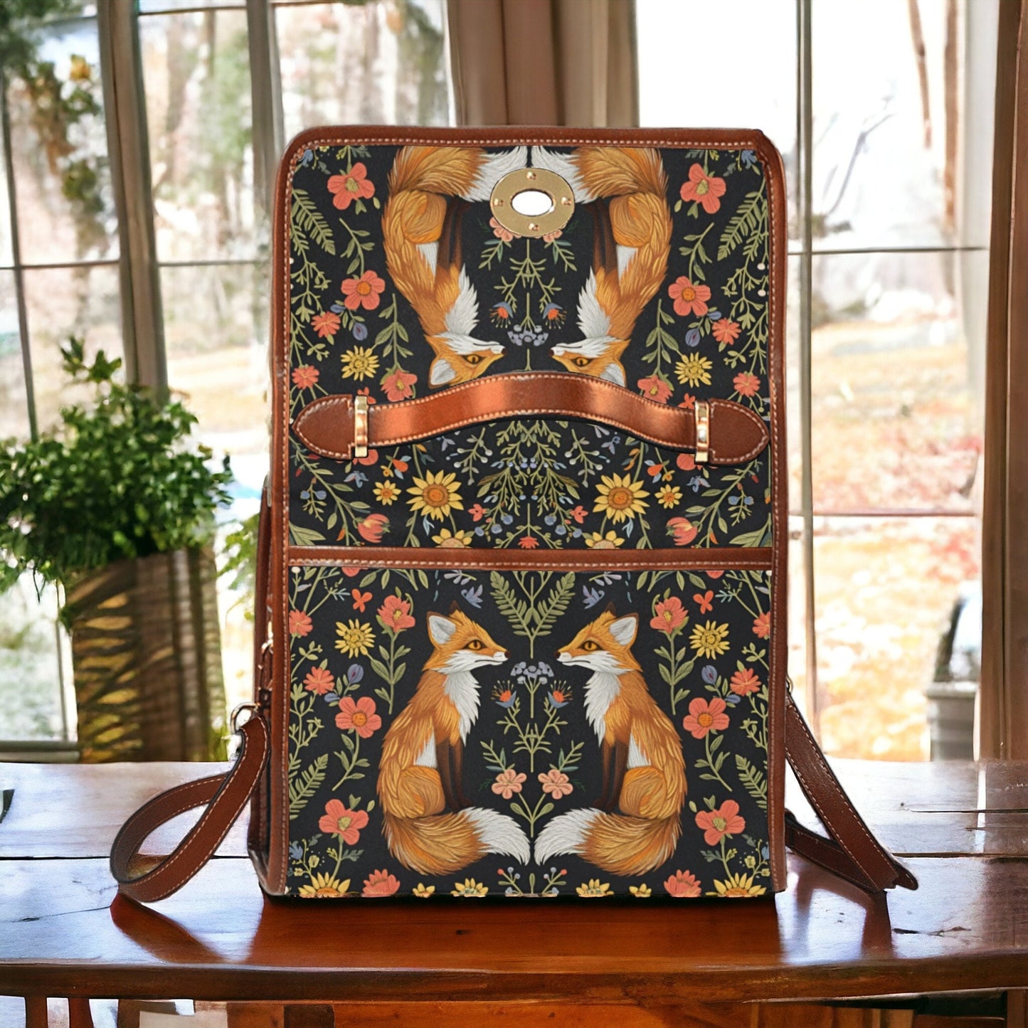 Faux-Embroidered Twin Foxes Flowers Handbag & Clutch Wallet Set