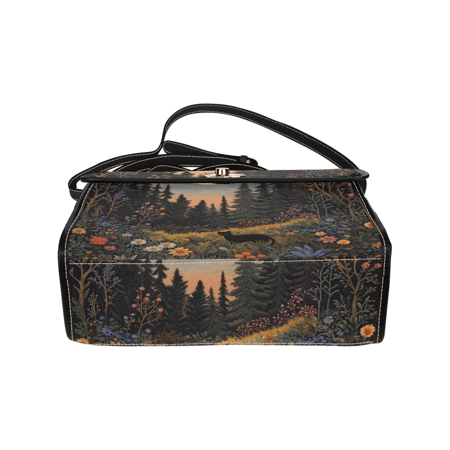Faux-Embroidered Black Cat Flower Meadown Moon Handbag & Clutch Wallet Set