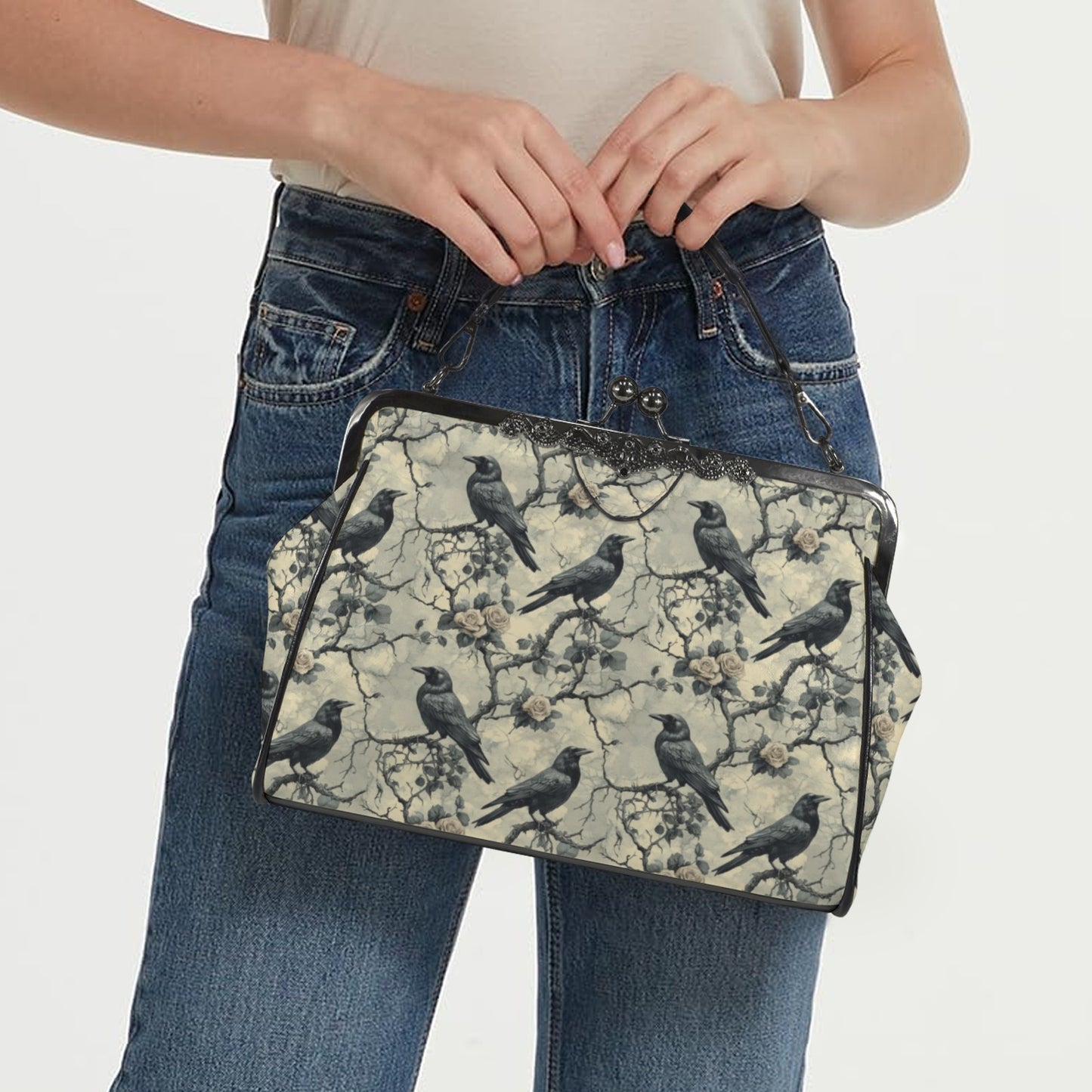 Gothic Grey Ravens Kisslock Handbag