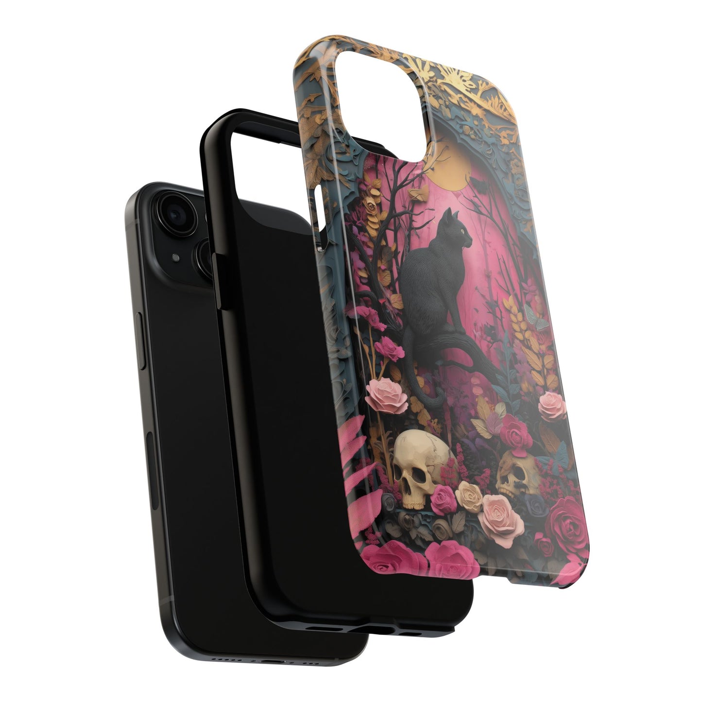 Gothic Cat & Floral Skulls Phone Case