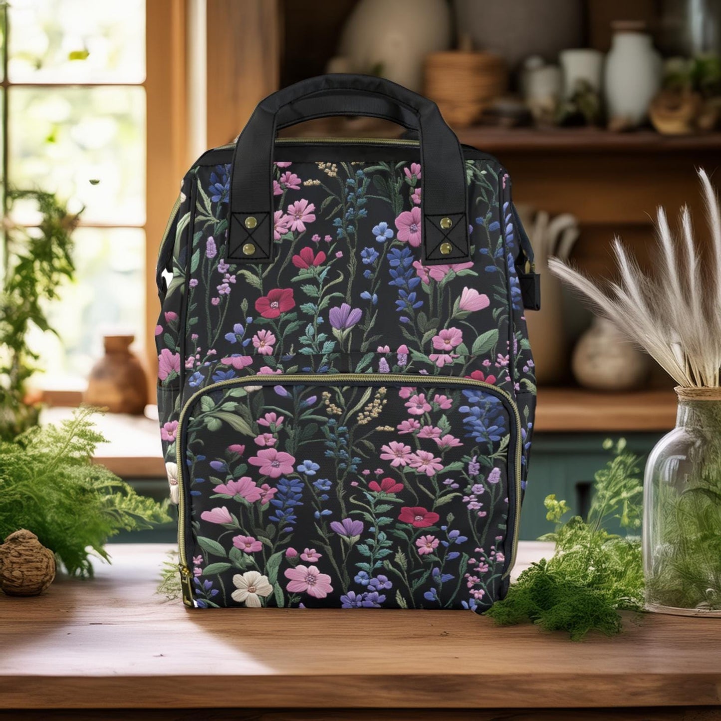 Dark Cottagecore Faux-Embroidery Garden Floral Multifunctional Diaper Backpack