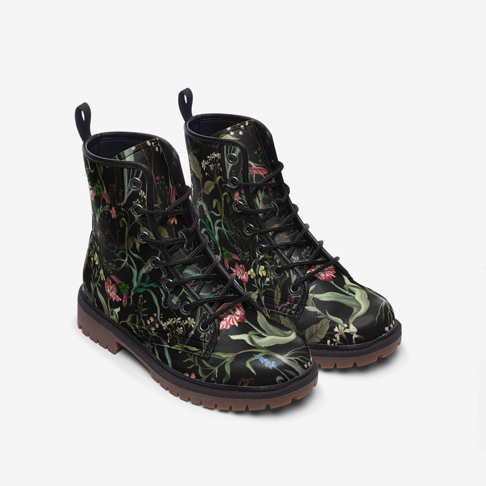 Dark Floral Vegan Leather Combat Boots