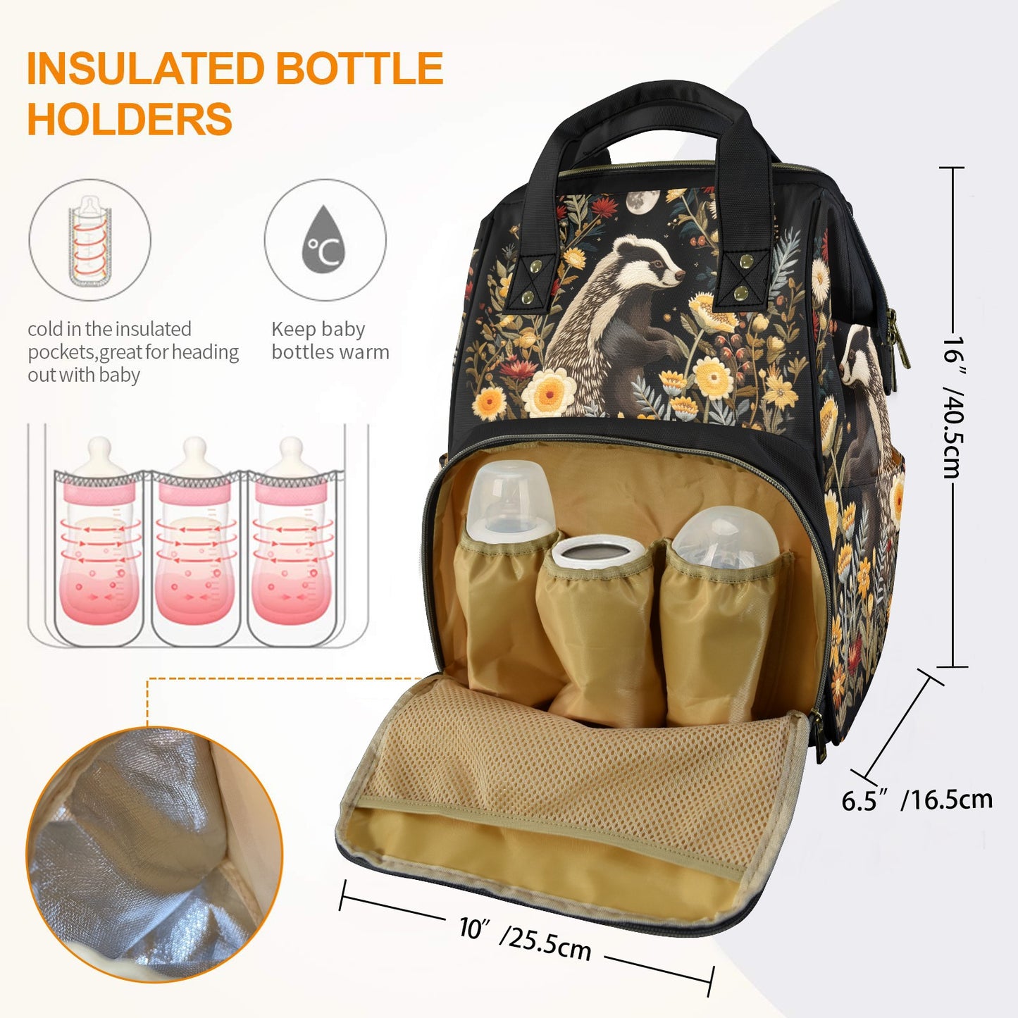 Whimsical Badger and Flowers Diaper Backpack