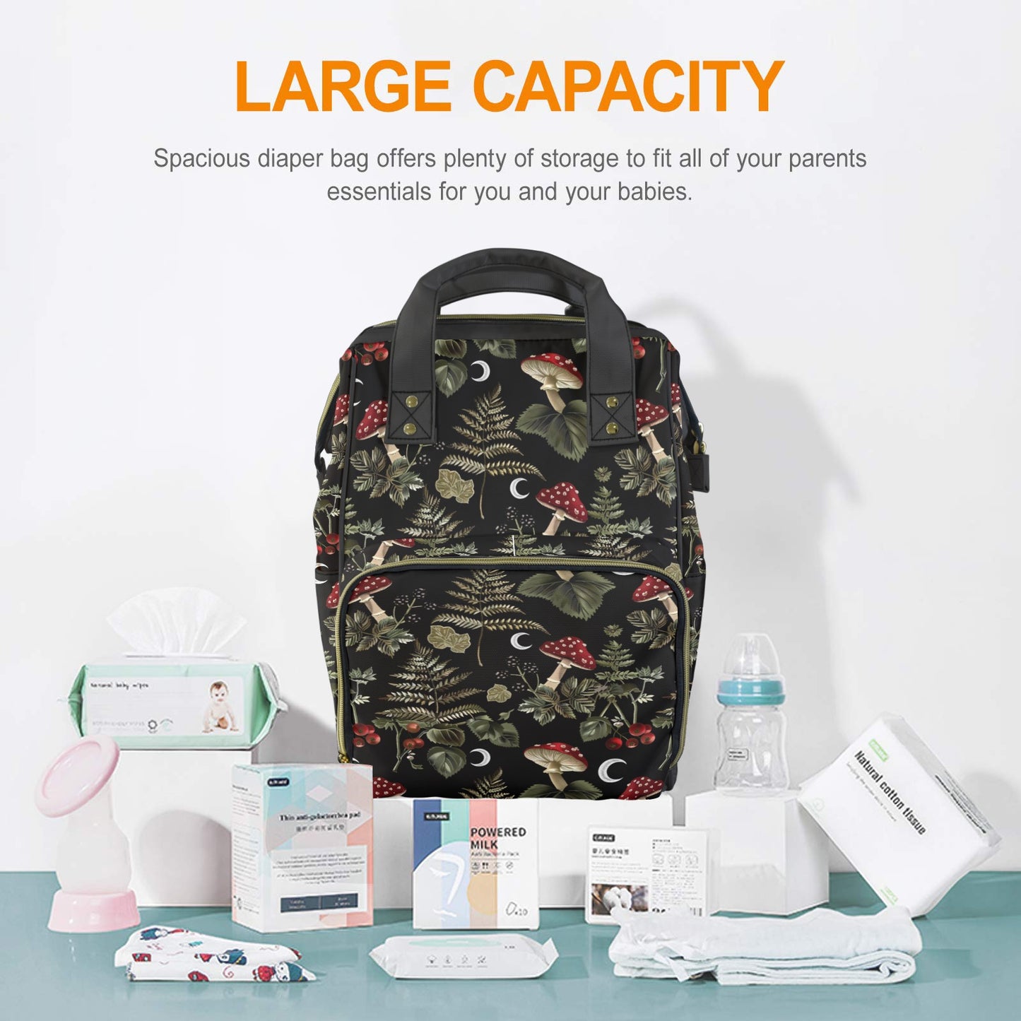 Dark Wood Mushrooms & Moons Diaper Backpack