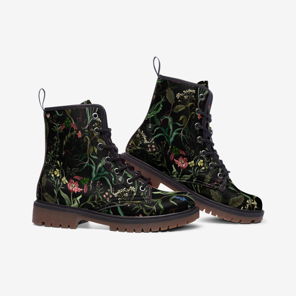 Dark Floral Vegan Leather Combat Boots