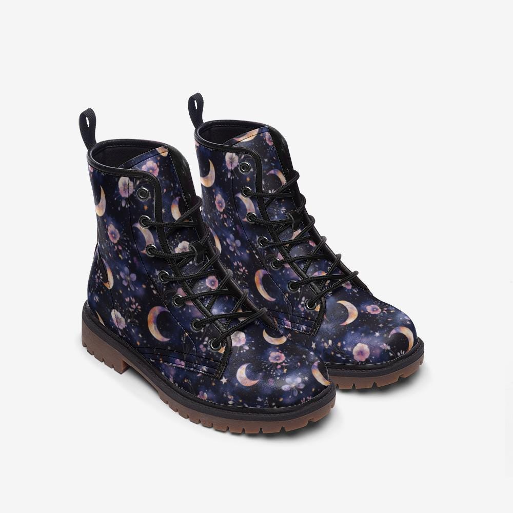 Watercolor Moons & Flowers Witchy Vegan Combat Boots
