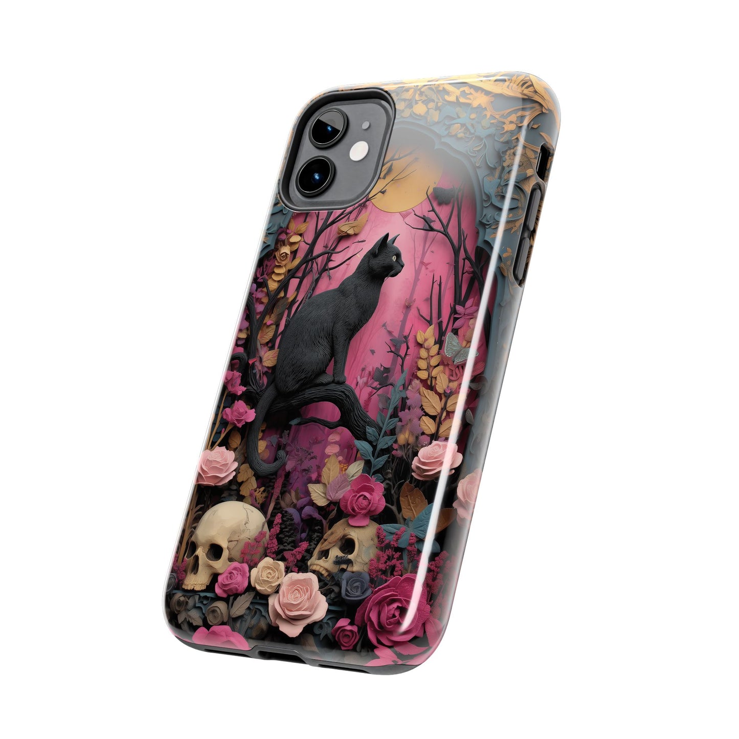 Gothic Cat & Floral Skulls Phone Case