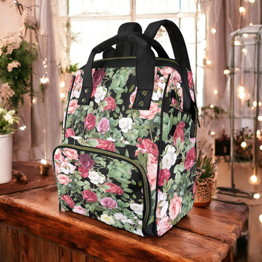 Cottagecore Pink Vintage Roses Diaper Bag Backpack