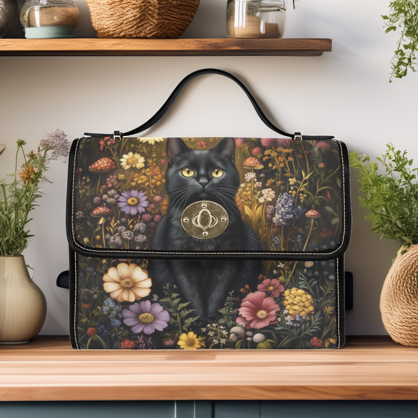 Black Cat in the Flower Garden Vegan Satchel Purse
