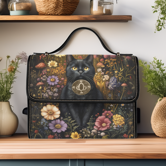Black Cat in the Flower Garden Vegan Satchel Purse