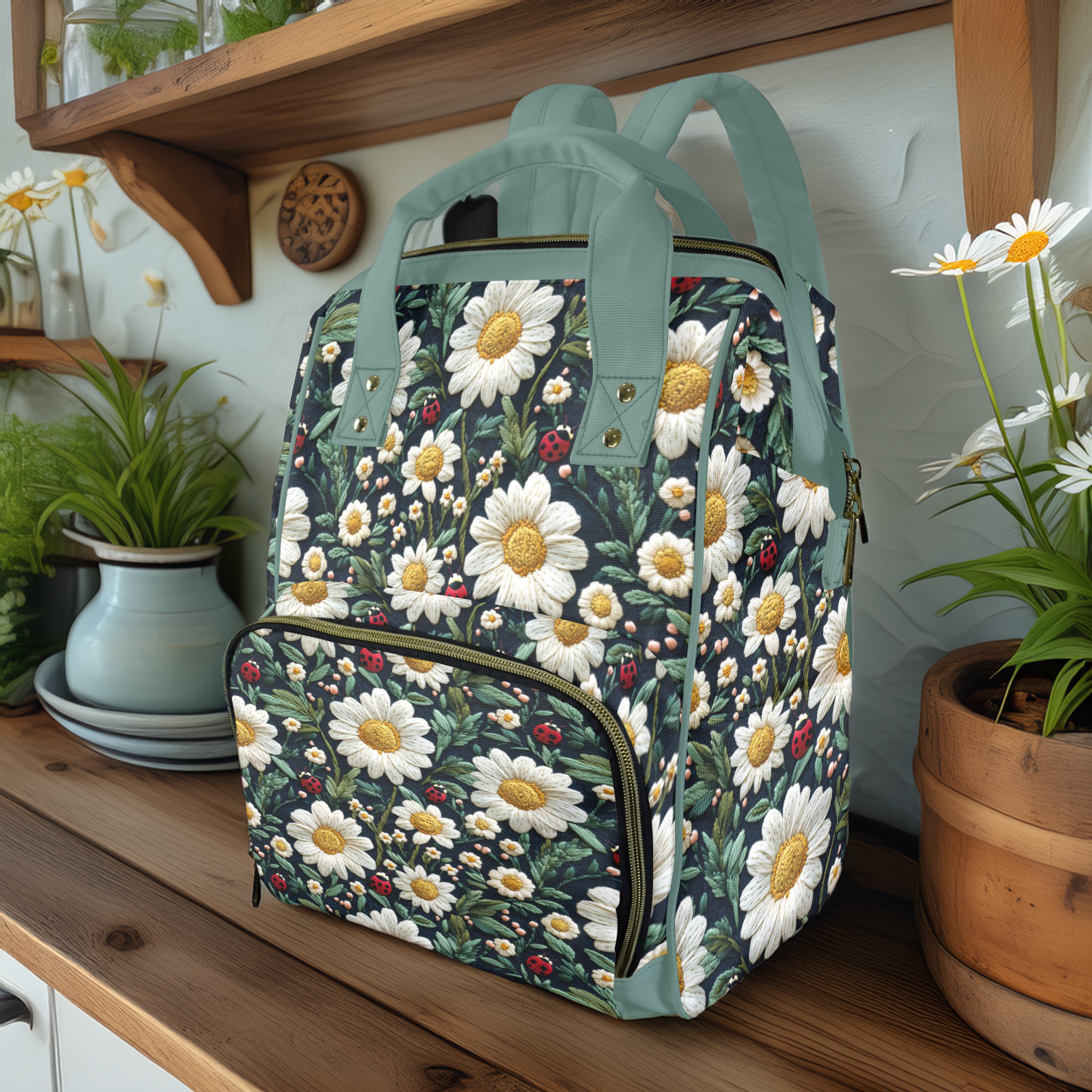 Faux Embroidered Daisies and Ladybugs