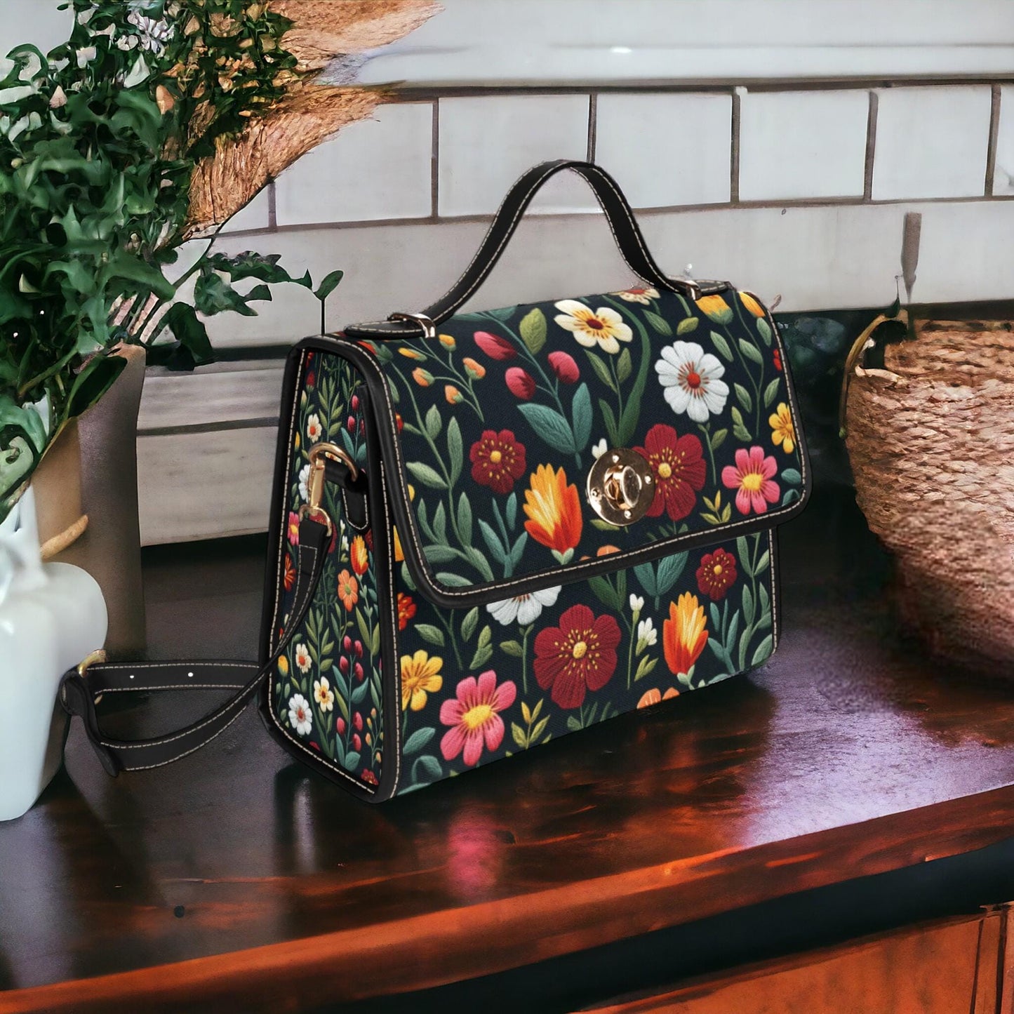 Boho FAUX-Embroidery Folk  Garden Satchel Bag