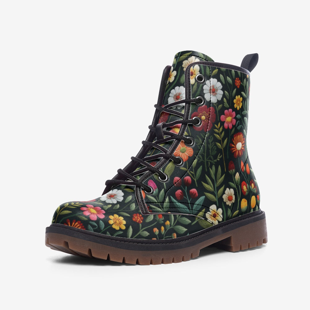 Faux-Embroidery Folk Art Garden Flowers Boots
