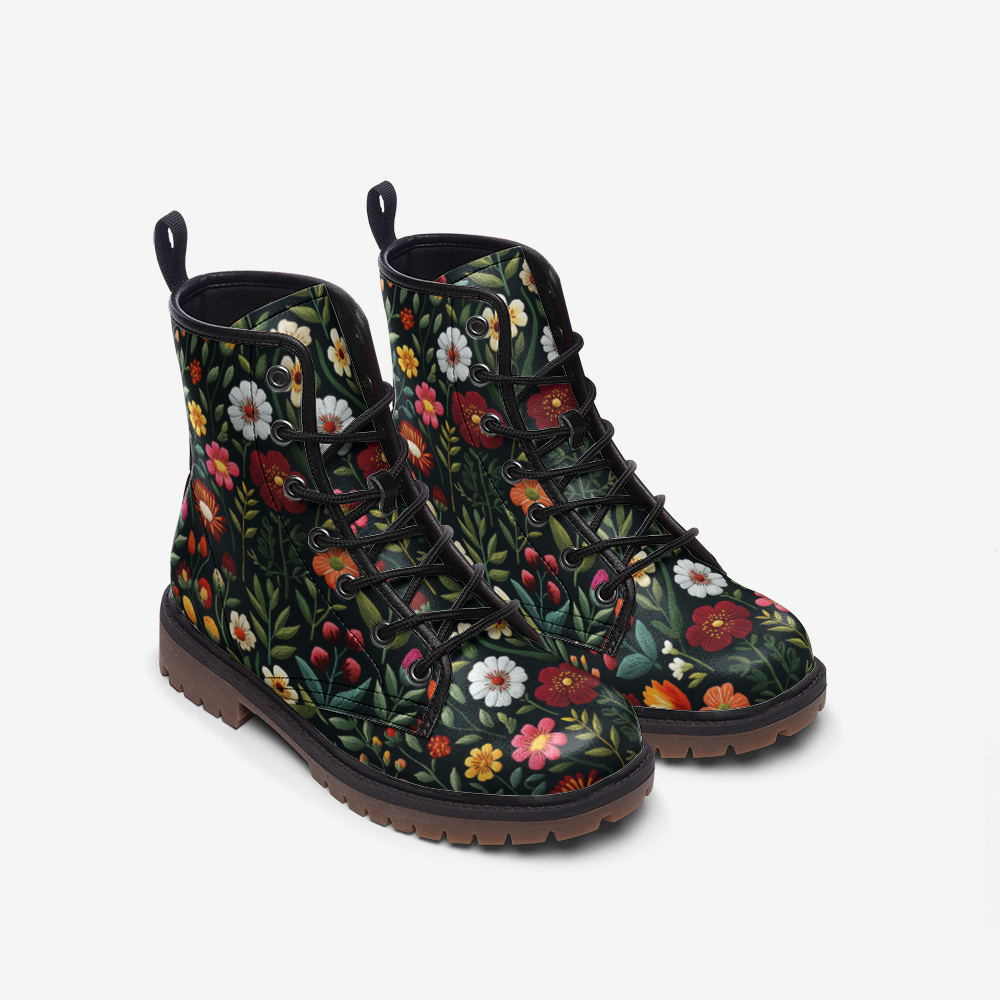 Faux-Embroidery Folk Art Garden Flowers Boots