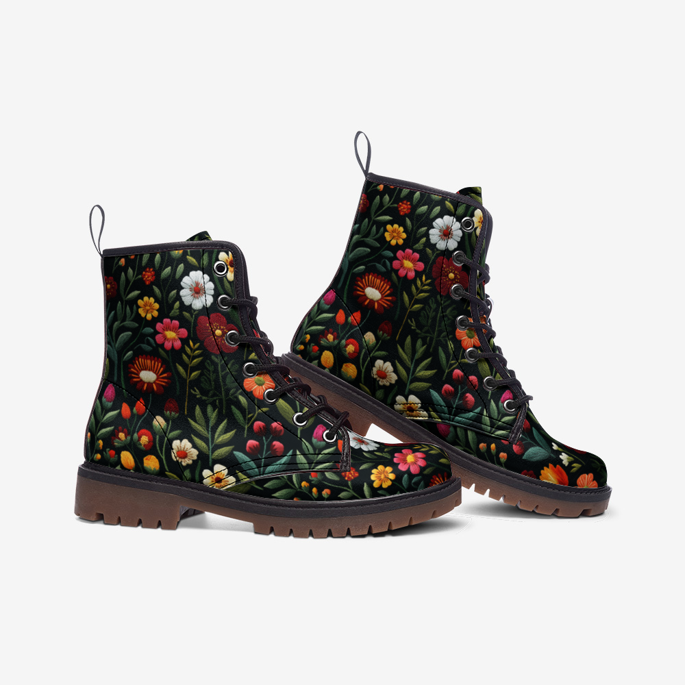 Faux-Embroidery Folk Art Garden Flowers Boots