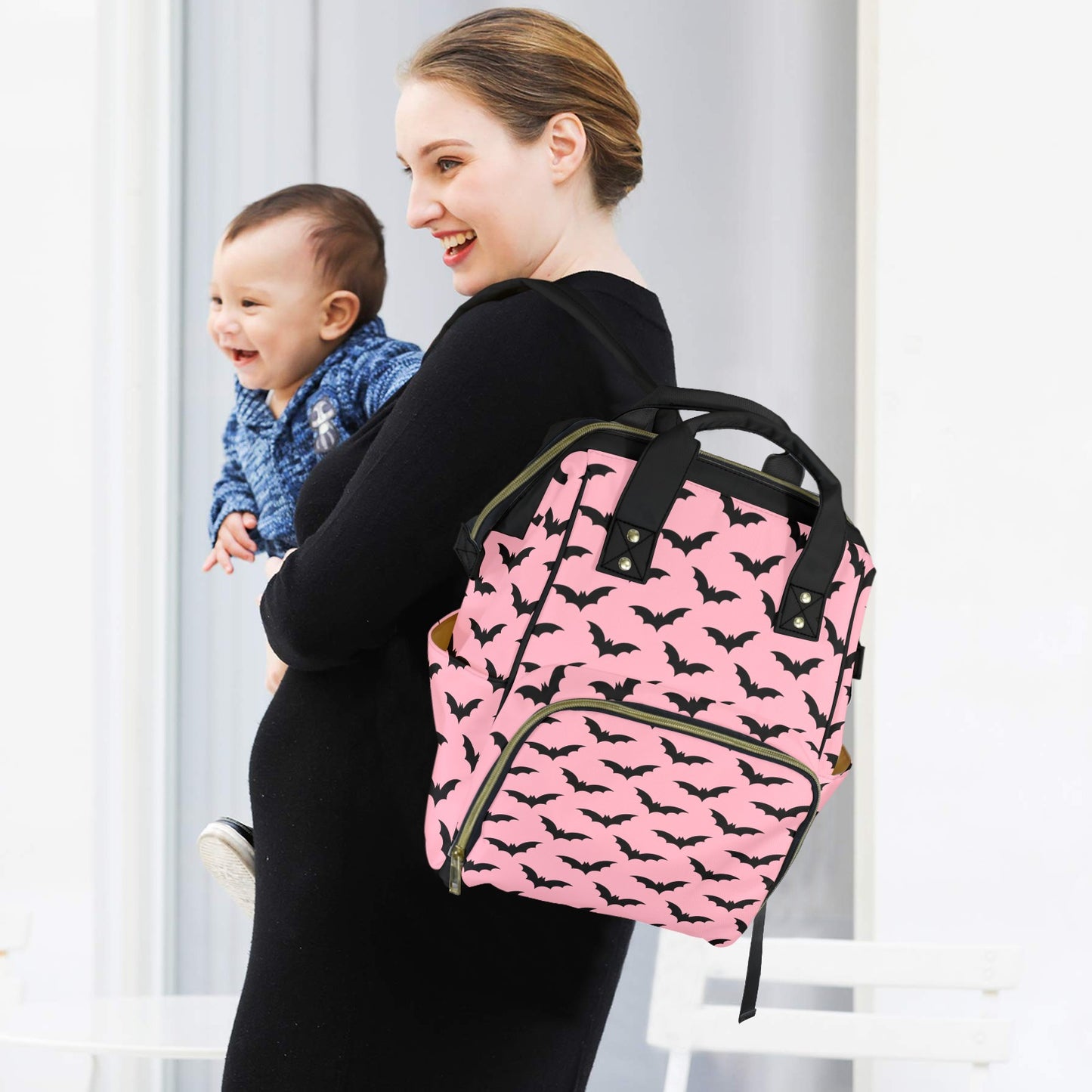 Black Bats on Pink Pastel Goth Diaper Bag