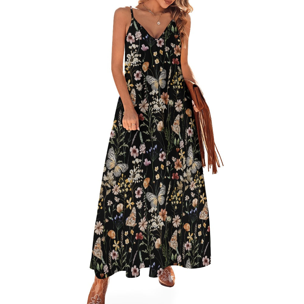 Boho Butterfly Meadow Wildflowers Print Maxi Dress