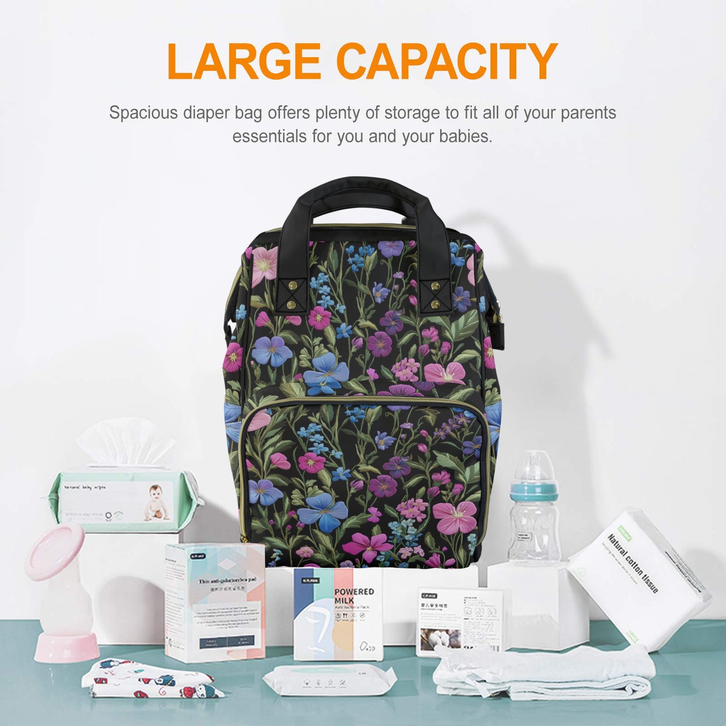 Dark Cottagecore Faux-Embroidery Garden Floral Multifunctional Diaper Backpack