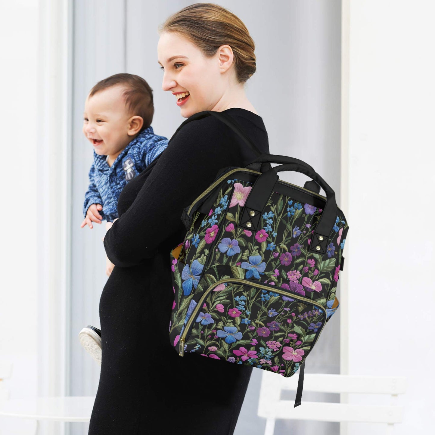 Dark Cottagecore Faux-Embroidery Garden Floral Multifunctional Diaper Backpack