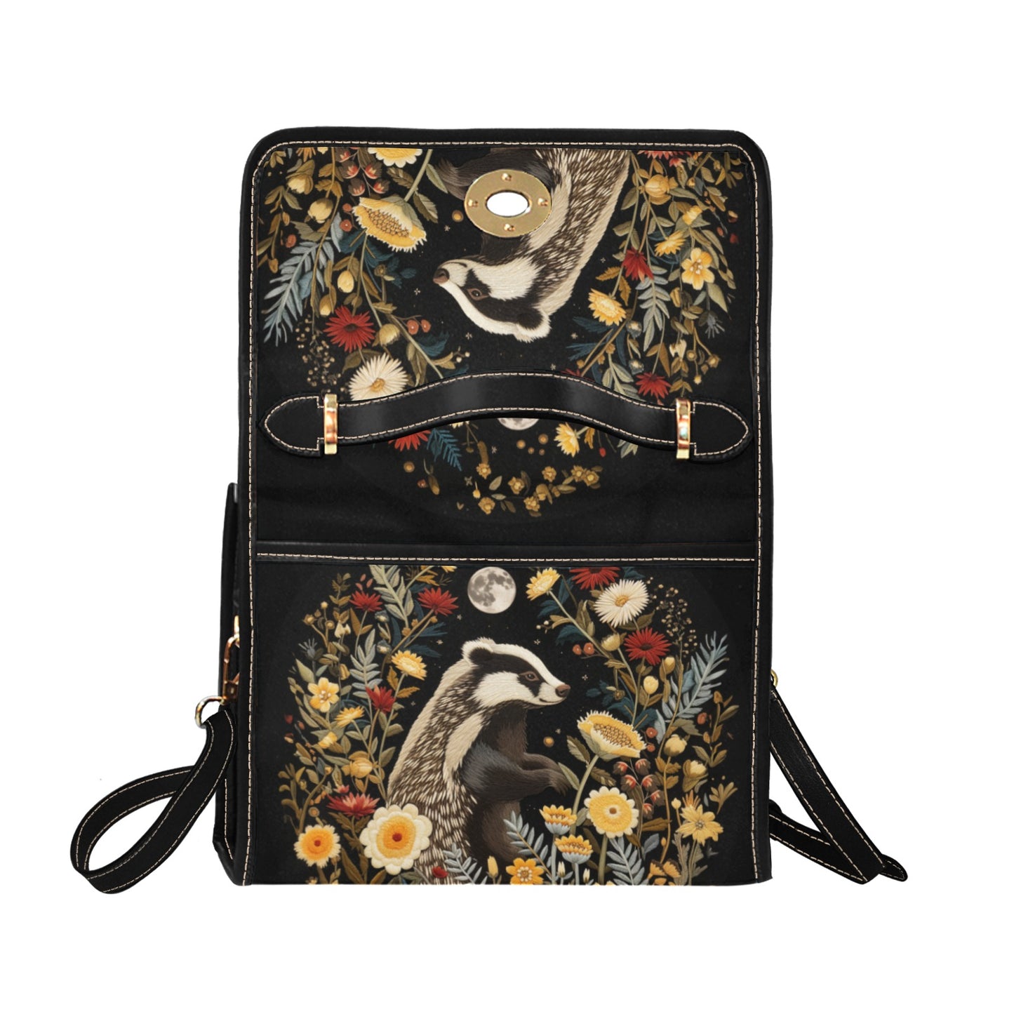 Faux-Embroidered Badger & Woodland Floral Satchel