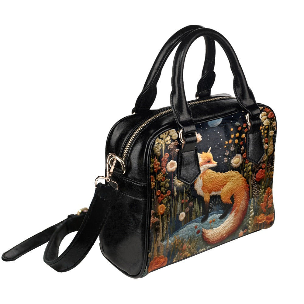 Faux-Embroidered Fox Vegan Leather Bowler Purse