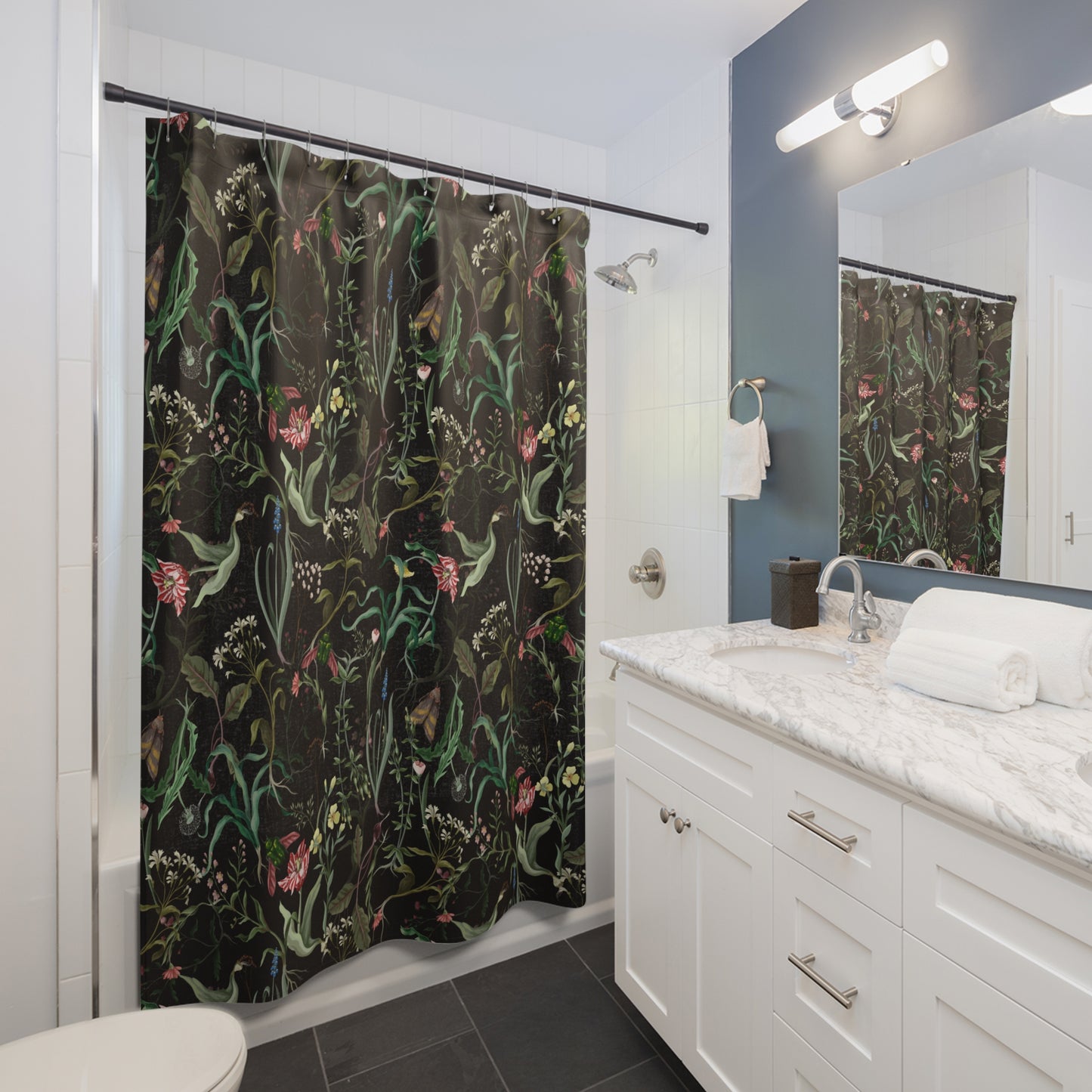 Dark Moody Floral Shower Curtain & Bath Mat